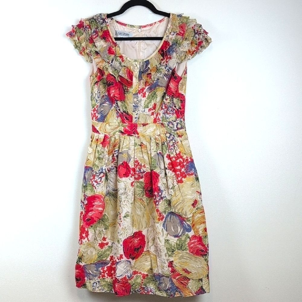 Kay Unger New York Floral Tiered Cap Sleeve Gathered Skirt Dress Retro Feminine